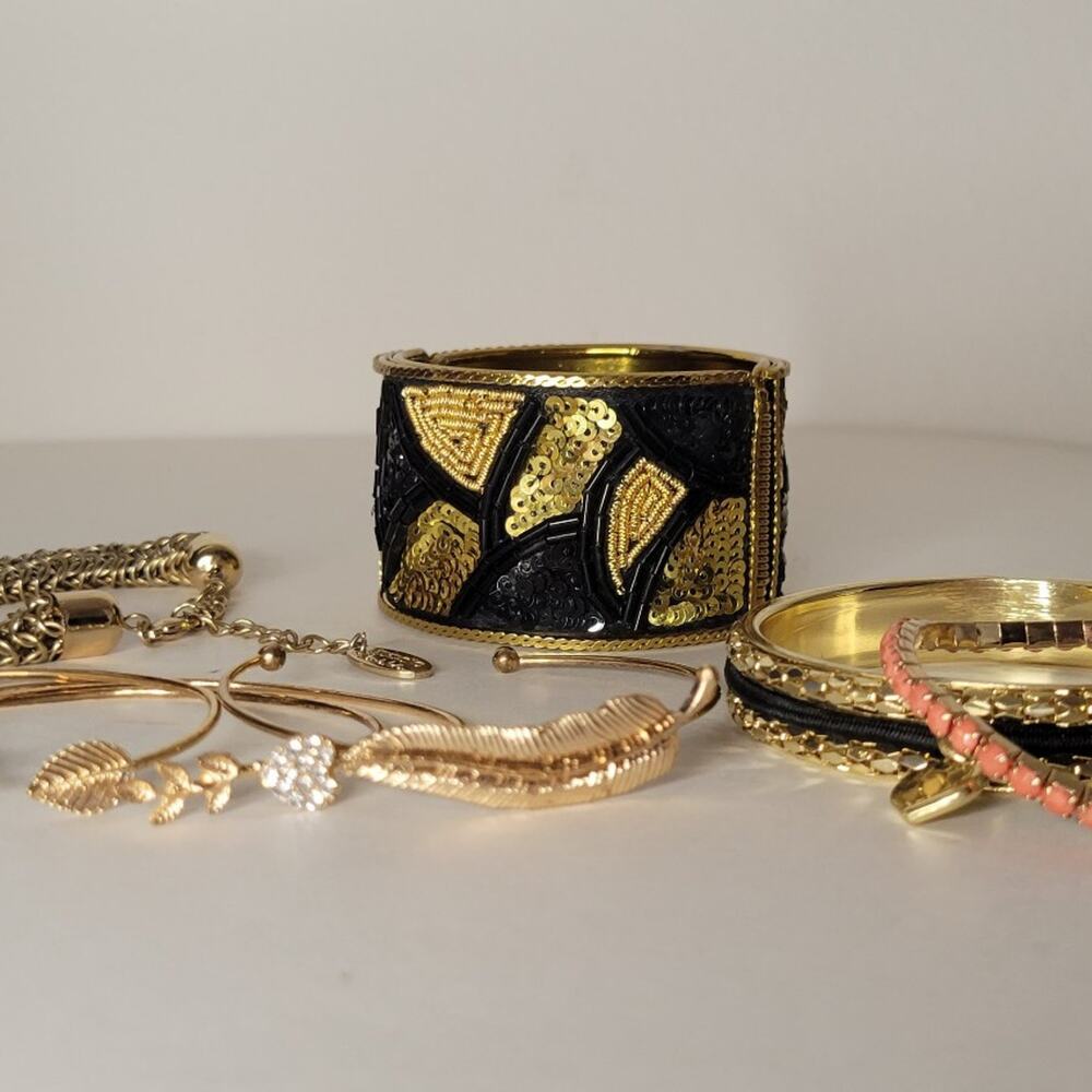 Vintage Gold Tone Beaded Cuff Bracelet Lot Mixed Variety Stackable Boho Bling